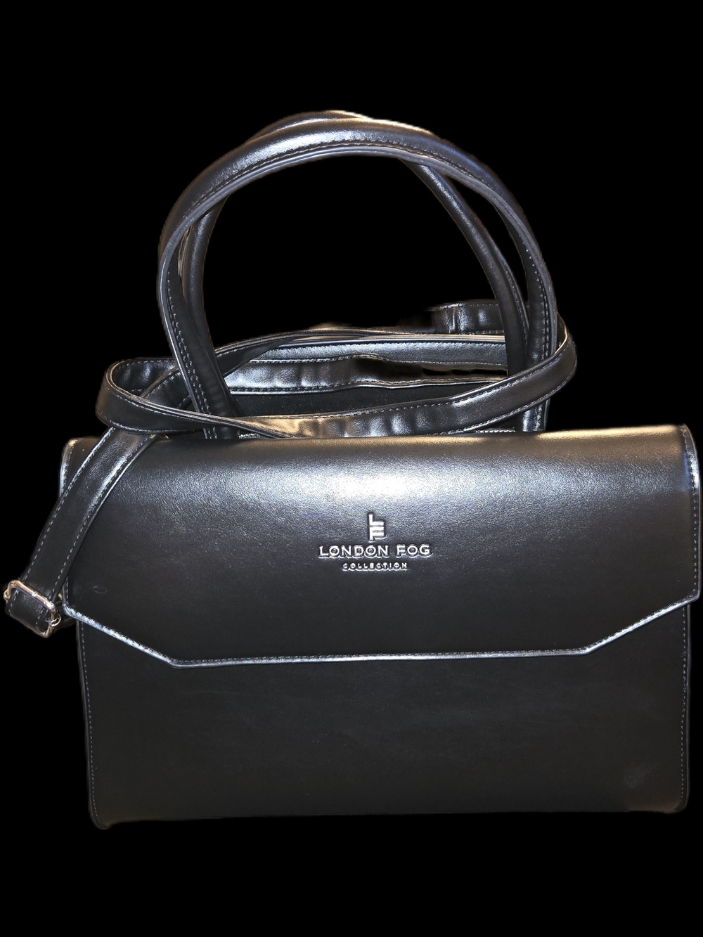 London Fog Black Faux-Leather Satchel w Top Handles & Shoulder Strap. Flawless.